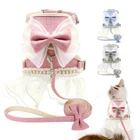 Fancy Girl Dog Dress Harness+Leash Pearl Bowtie Small Pet Puppy Cat Vest Clothes