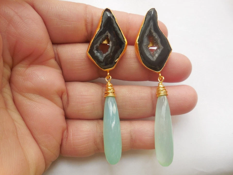 Druzy Chandelier Earrings Elongated Chalcedony Drop Gemstone Gold Plated Jewelry - Image 2 of 4