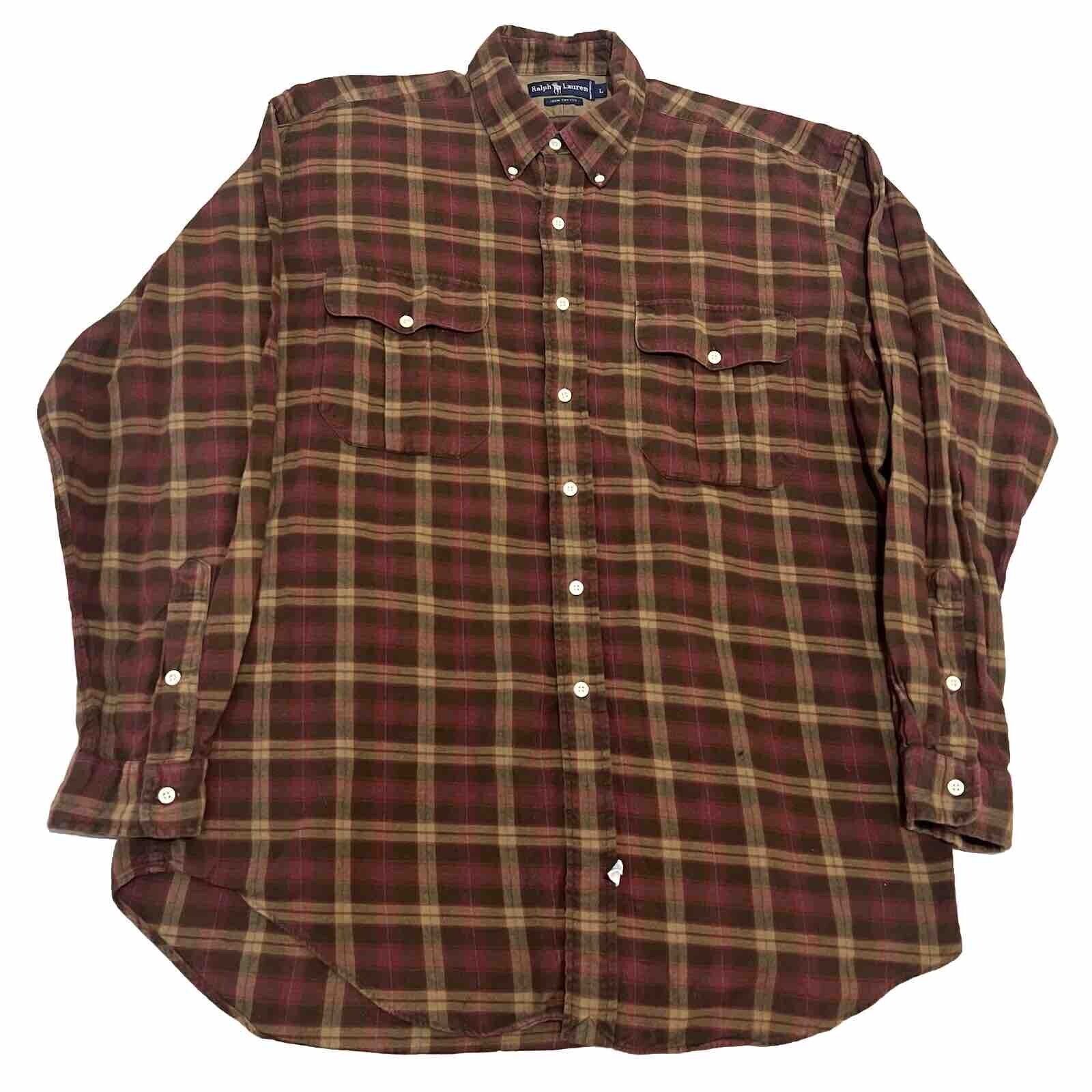 VTG Polo Ralph Lauren Men Red Plaid Flannel Aviator Button Up Down Shirt-L-1440