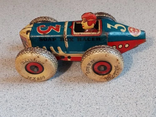 Vintage Marx #3 Tin Litho Racer Windup Race Car w/ Driver & Balloon Tires BLUE