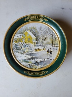 Currier & Ives, Early Winter, Green Round Decorative Tin, Pre-Owned 7''