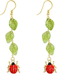 Authentic Green Leaf Ladybug Dangle Drop Earrings Vintage Gold Plated Acrylic Red Enamel A