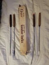 Vintage 70s MCM Set 4 Oster Fondue Forks Box Stainless Steel Teak Handle Deco