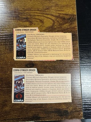 1984 GI JOE COBRA STINGER DRIVER FILE CARDS