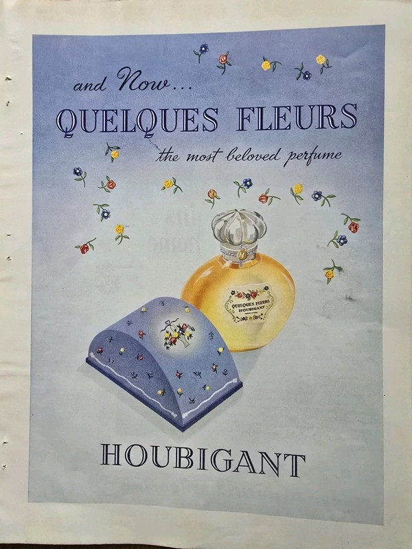 1948 Houbigant Quelques Fleurs Most beloved perfume bottle box Vintage Ad 