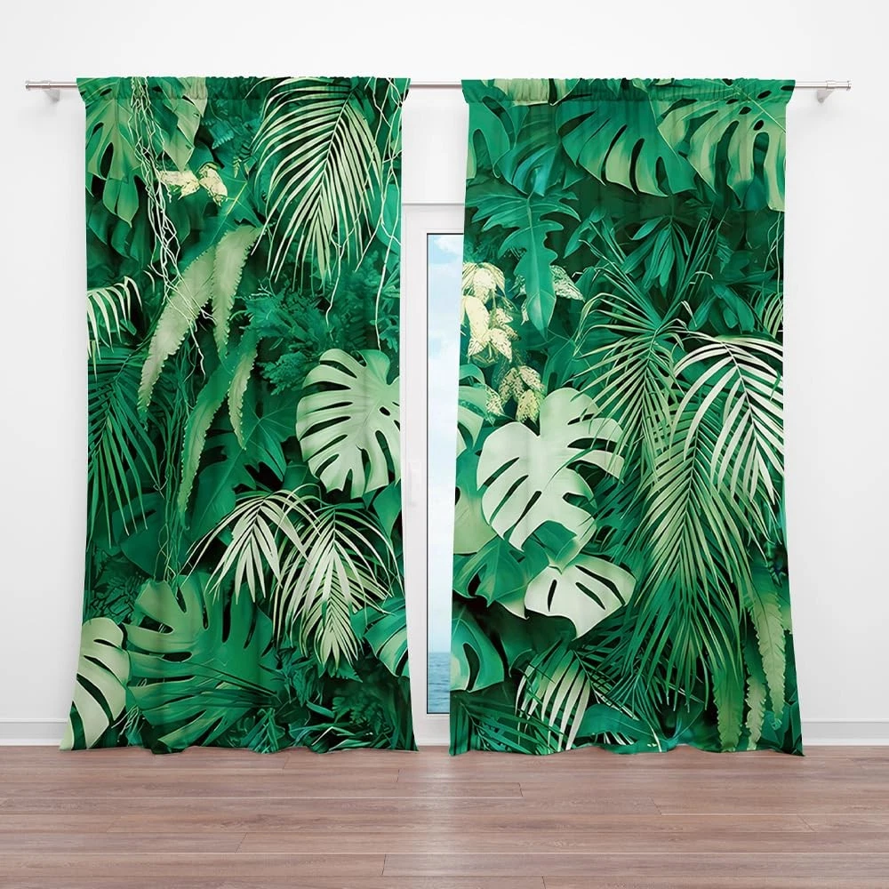 82 x 84 Inches Tropical Palm Leaves Summer Window Curtain Plant Jungle Garden...
