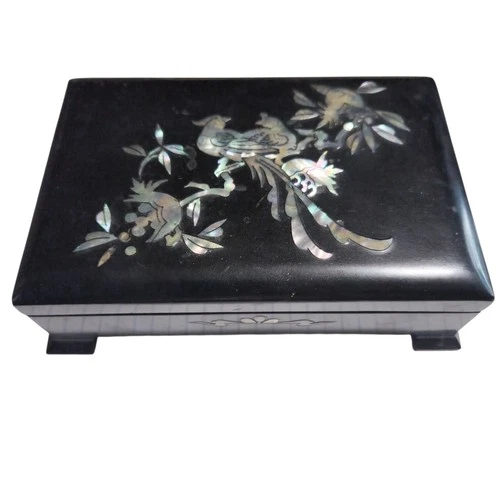 VTG Black Lacquer Ware Mother of Pearl Abalone Inlay Asian Oriental Jewelry Box