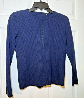 Elie Tahari Blue Ribbed Cropped Sweater Medium? 100% Merino Wool Sparkle