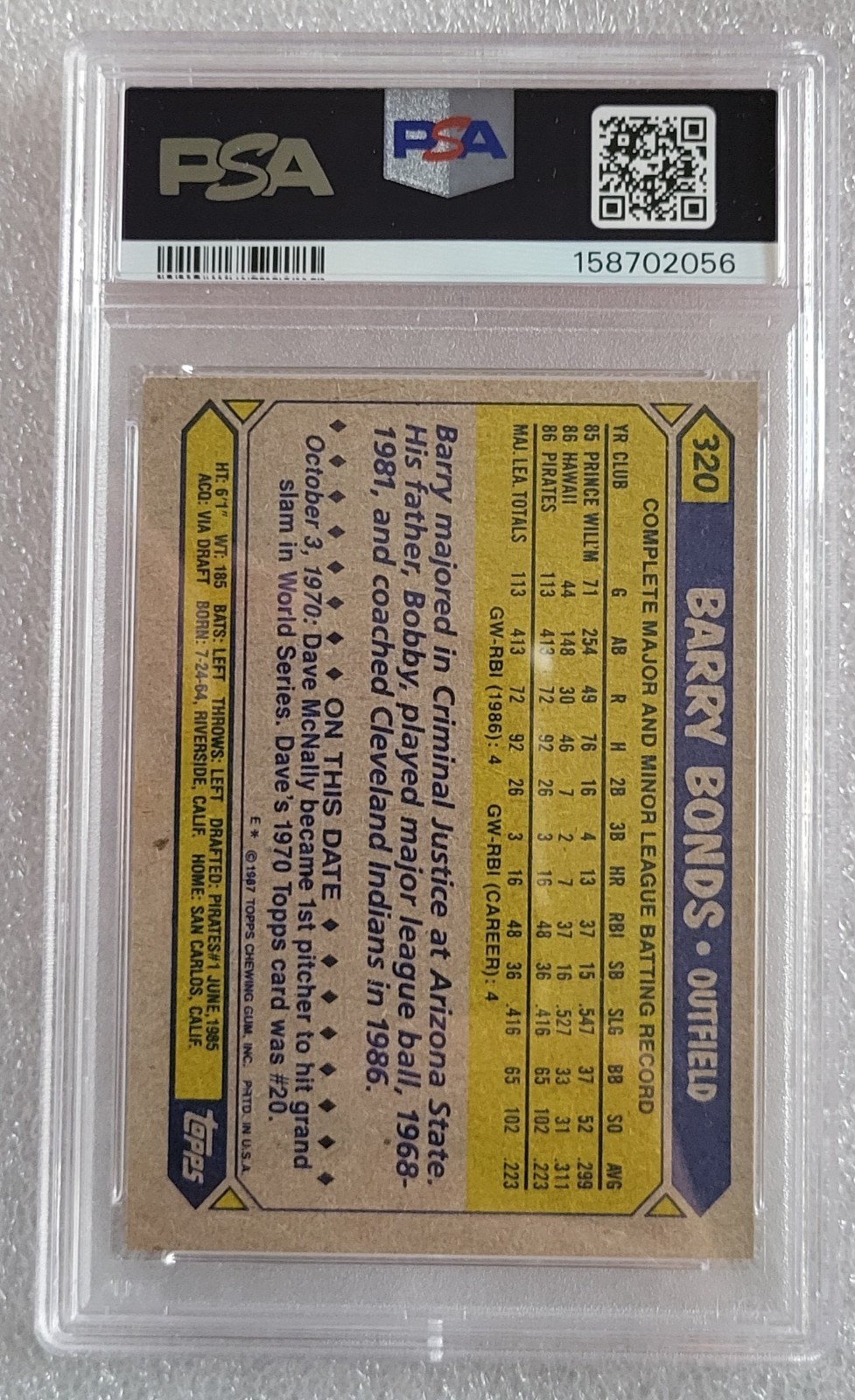 1987 TOPPS #320 BARRY BONDS PITTSBURGH PIRATES ROOKIE PSA 8 NM-MINT - NEW SLAB view 4