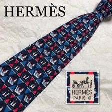 Excellent condition HERMES Tie Ship Marine Sea 100 Silk Made in France Blue