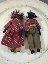 Primitive Folk Art Decor  African American Black Rag Dolls Girl & Boy Set 7"