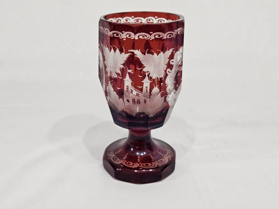 Set of 3 Vintage Crystal Ruby Red Cut to Clear Cups - Czech Bohemian Glassware  - Image 4 of 4