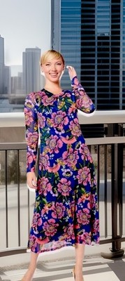 Destination 365 Dress L Floral Print Stretch Knit Mesh Twist Neckline Blue Pink