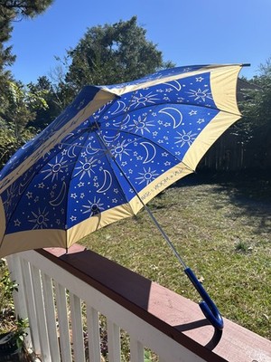 Vintage KARL LAGERFELD SUN MOON STARS UMBRELLA Blue tan perfume 