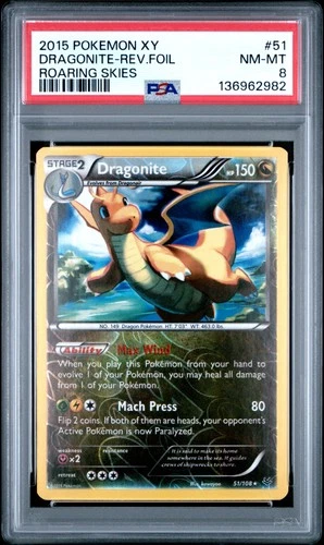 2015 POKEMON XY ROARING SKIES #51 DRAGONITE-REVERSE FOIL PSA 8