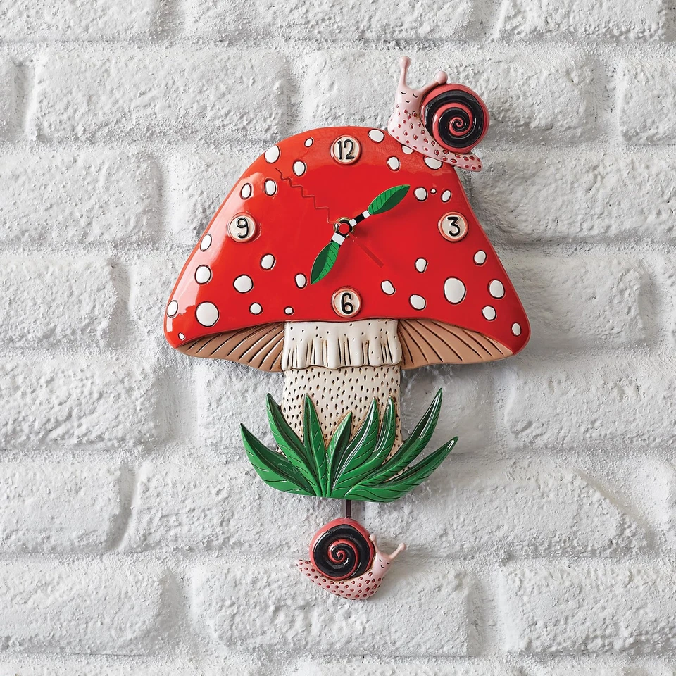 Allen Designs Fun-Guy Forest Mushroom and Snails Sculpted Pendulum Wall Clock... - Image 2 of 4