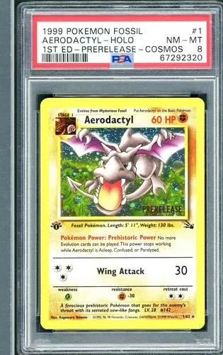 1999 POKEMON AERODACTYL-HOLO 1ST ED-PRERELEASE-COSMOS FOSSIL #1 PSA 8