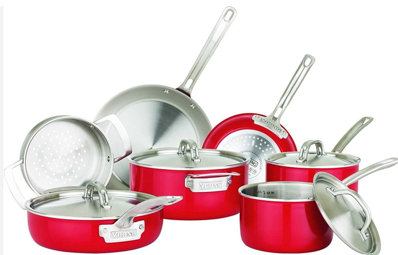 Viking 2-Ply 11 Piece Stainless Cookware Set Domed Lids Stay Cool Handles Red