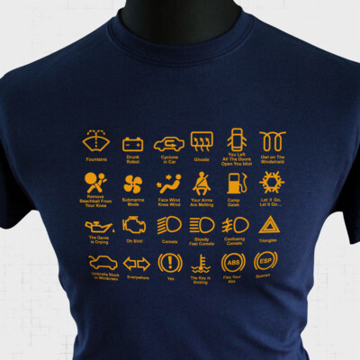 Lustige Armaturenbrett Symbole T-Shirt Witz Geschenk Autofahren Warnleuchten blau