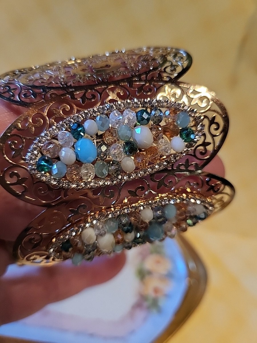 Vintage Ornate Irredescent Beaded Golden Filligree Cross Motif Cuf Bracelet View 2