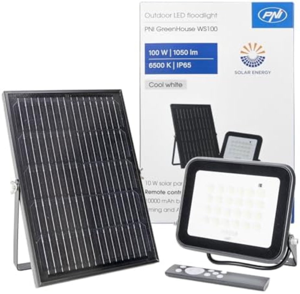 PNI GreenHouse WS50 - Riflettore LED da 50 W, con pannello solare, batteria da 6