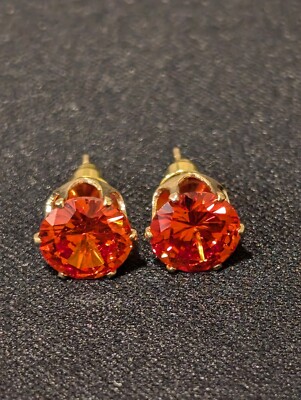8mm Orange Cubic Zirconia Pair Of Stud Earrings Gold Plated Stainless Steel