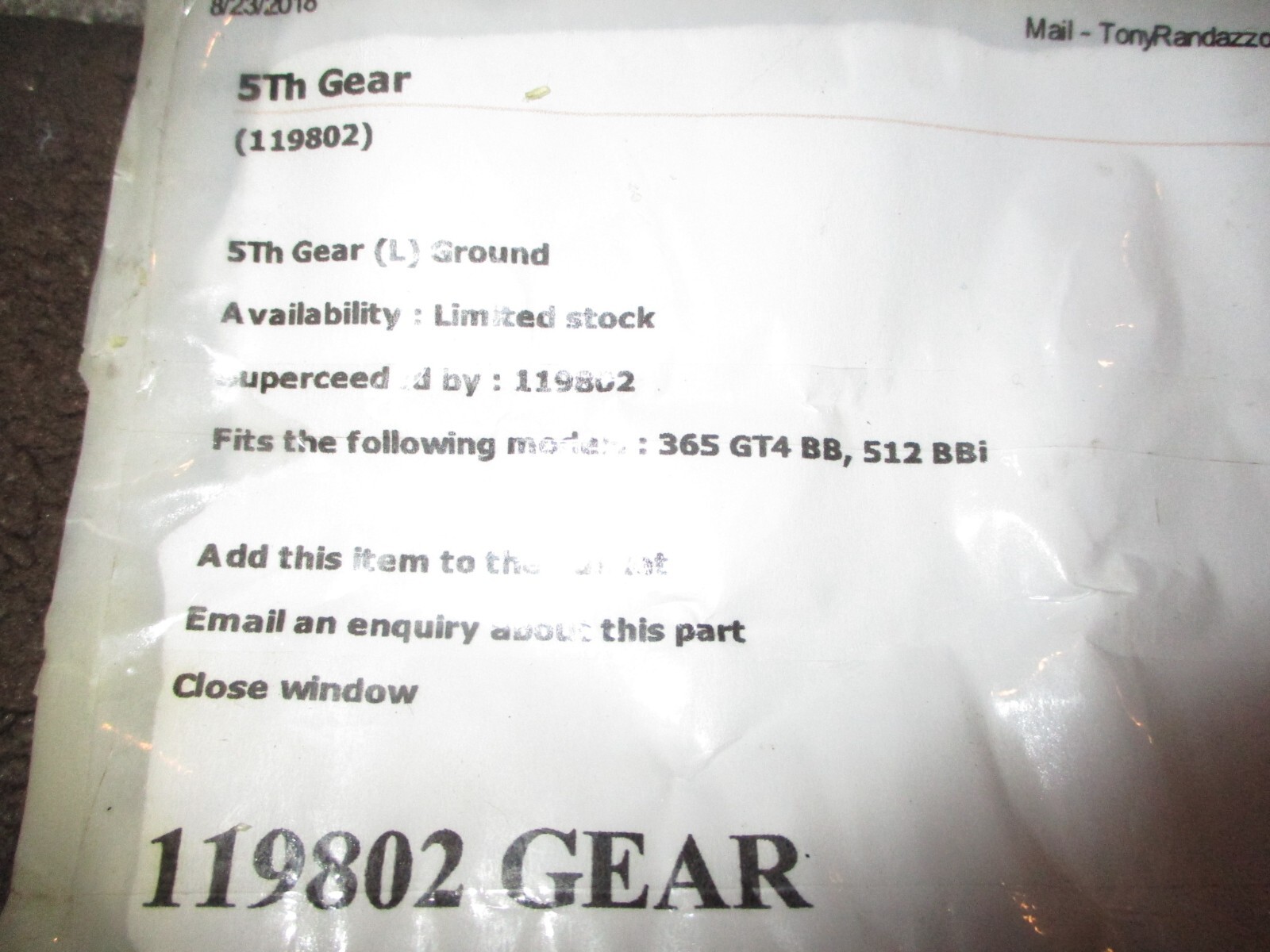 Ferrari Engine Transmission Fifth Driving Gear_119802_118939_NEW_OEM_512_365BB