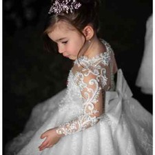 White Flower Girl Dress Glitter Bow Bead Floral Appqulies Princess