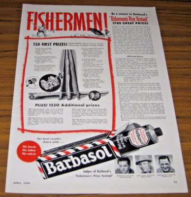 1950 Print Ad Barbasol Shave Cream Fishing Contest Rods,Reels