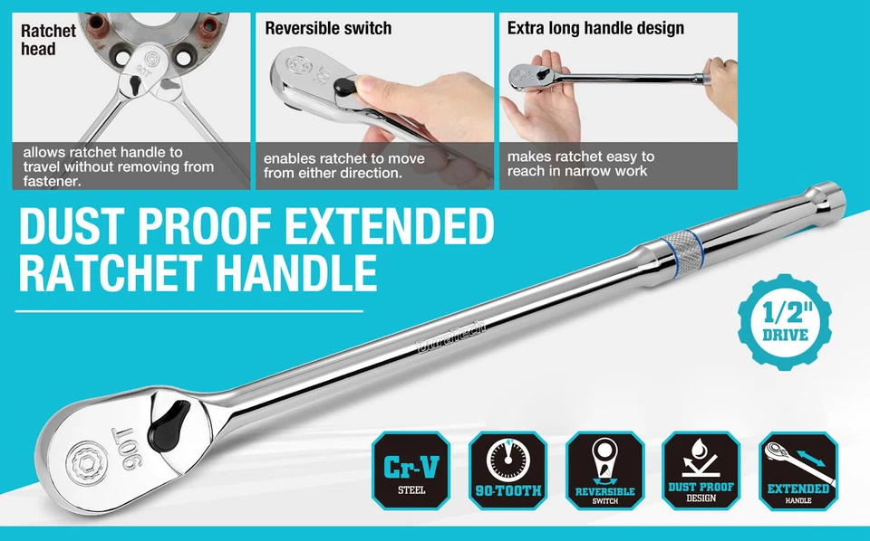 DURATECH 1/2" Drive Ratchet Handle 90-Tooth Ratchet Wrench 15" Extra Long Handle - Image 3 of 4