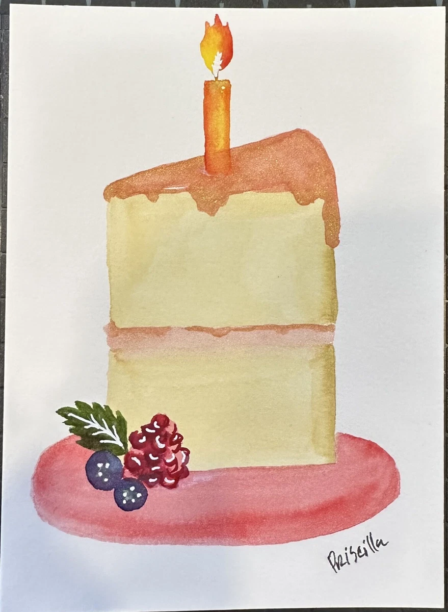 Original One of a Kind Watercolor Celebration Cake Slice Art Piece