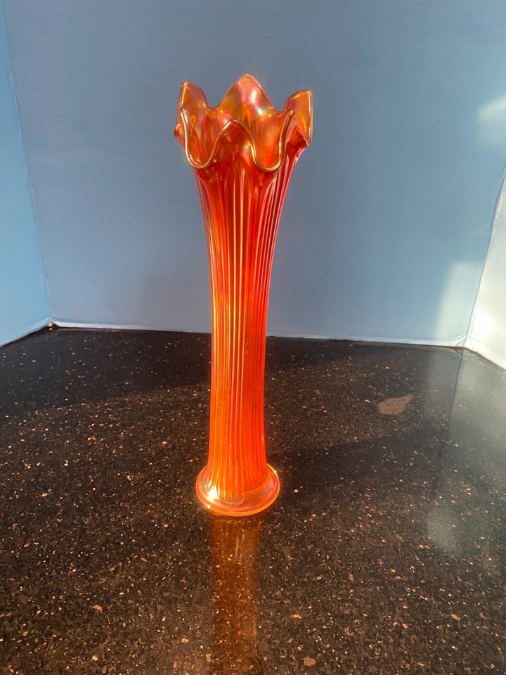 Fenton Carnival Glass Iridescent Marigold Swung Fine Rib Vase Vintage