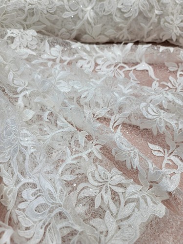 White Bridal Lace Floral Flowers Clear Sequins Mesh Fabric Sold by Yard Wedding - Picture 10 of 12