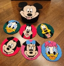 Vtg Disney Coaster Set Yarn Canvas Needlework Mickey Goofy Pluto Home Decor