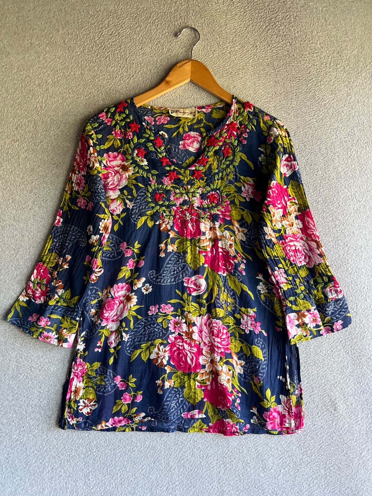 Boho Floral Embroidered Peasant Blouse for Women Medium Cottagecore Style