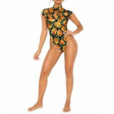 Zara Floral Bodysuit Women M Black Yellow Rose Mock Neck Keyhole Layering New