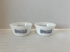 Set of 2 Currier & Ives Milk Glass Custard Cups Ramekins Creme Brule Dishes