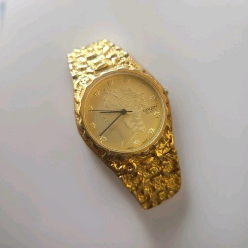 Gruen Gold Nugget Lady Liberty Coin Watch 8" WRIST