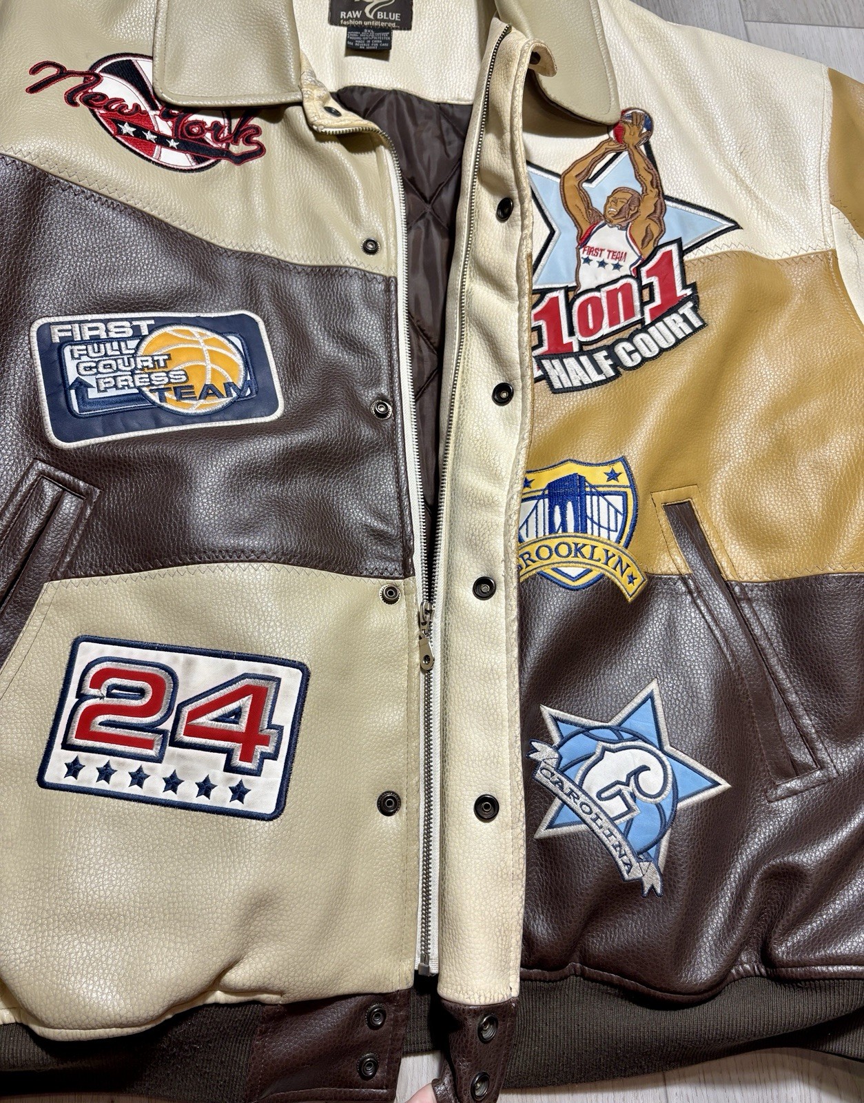 Raw Blue Patchwork Varsity Jacket Mens 3XL Basket… - image 8