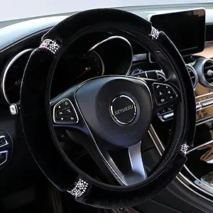 Fluffy Steering Wheel Cover with Colorful Rhinestones Crystal for Color: Black