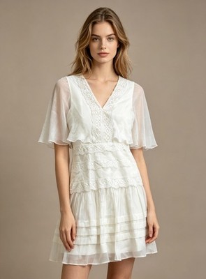 $298 NWT BCBGMAXAZRIA Women's off White Lace Smocked Waist Mini Dress Size 2