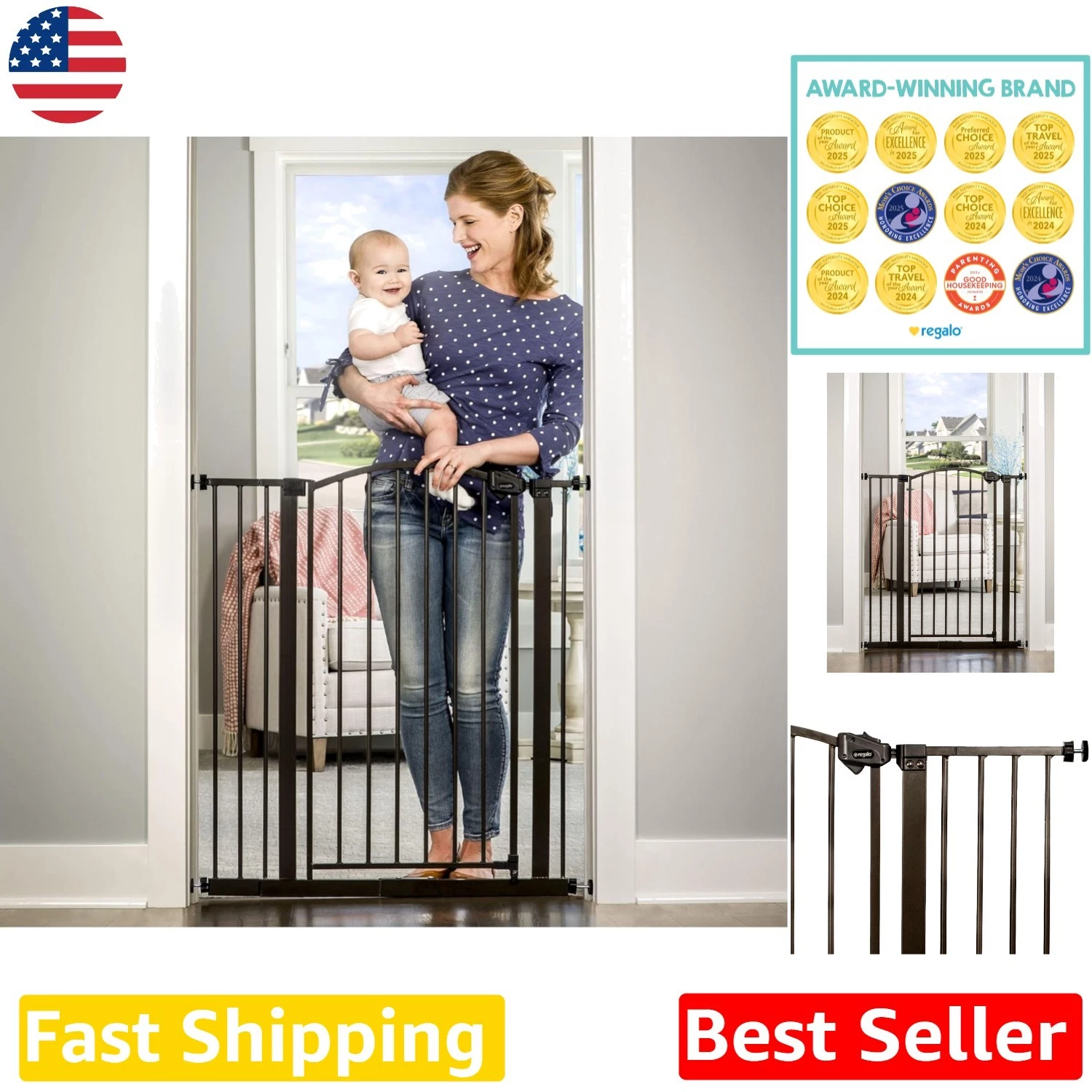 Safe Baby Gate 36"H, Wide Fit 30-35", Pressure Mount, Trusted American Design