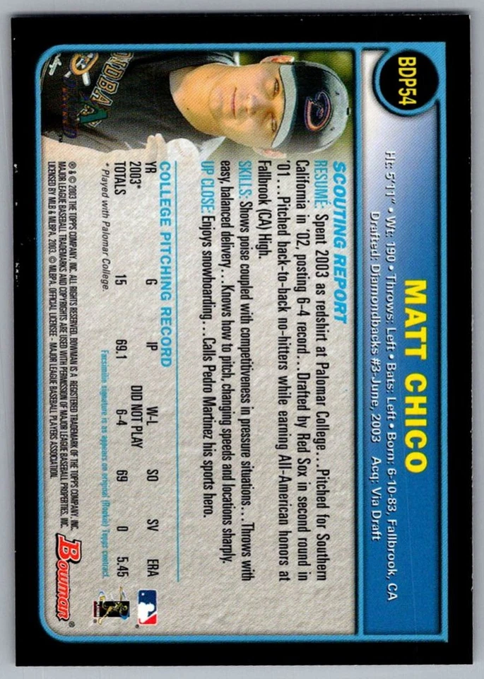 2003 Bowman Draft Picks & Prospects Matt Chico Rookie Arizona Diamondbacks - Image 2 of 2