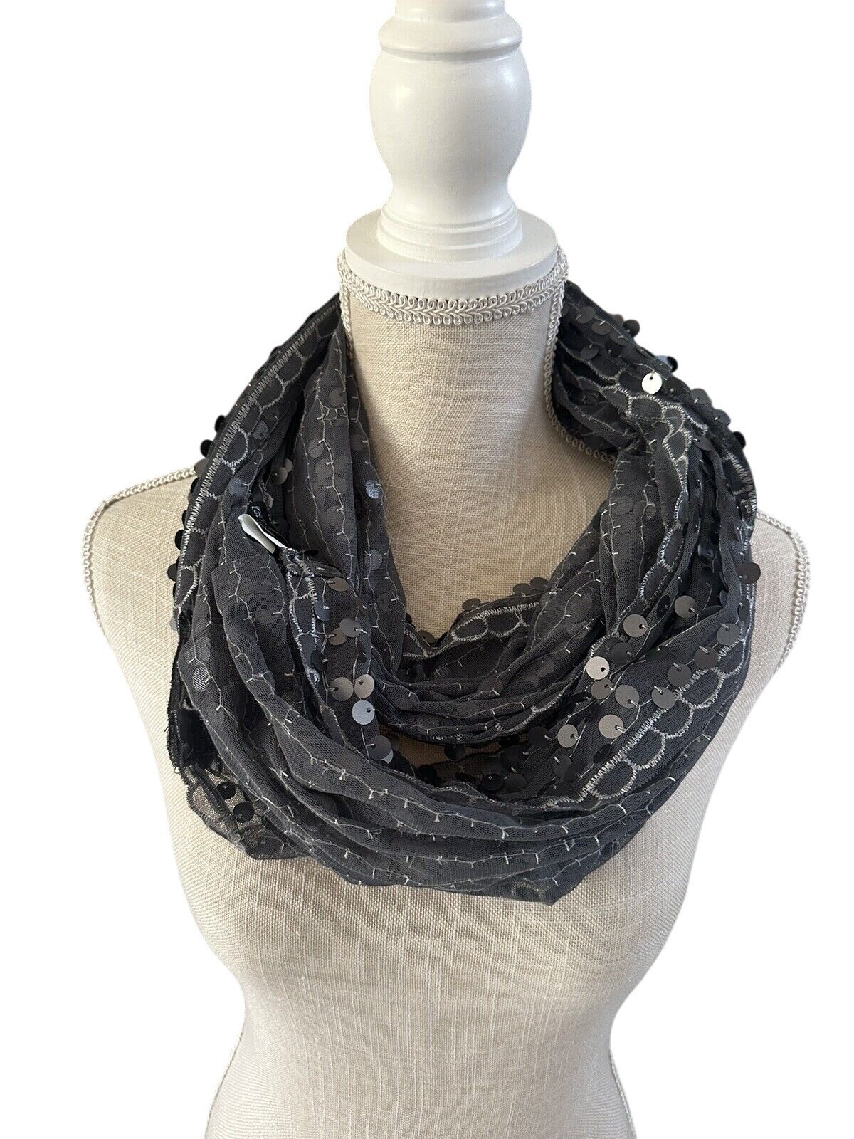 Gray Sequin Infinity Scarf Lightweight Elegant Womens Fashion Accessory