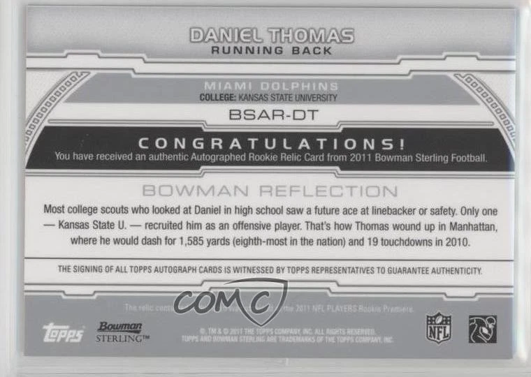 2011 Bowman Sterling Relics Blue Refractor /99 Daniel Thomas Rookie Auto RC - Image 2 of 2