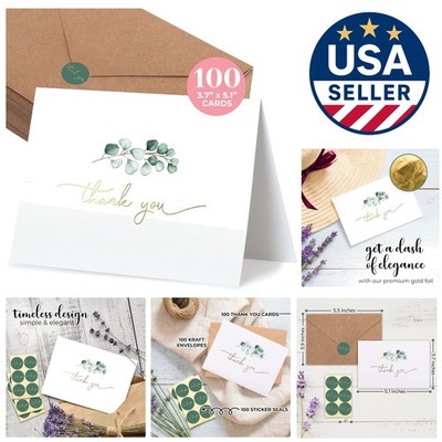 Eucalyptus Thank You Cards - 100 Blank Cards With Envelopes & Stickers (3.7x5.1)