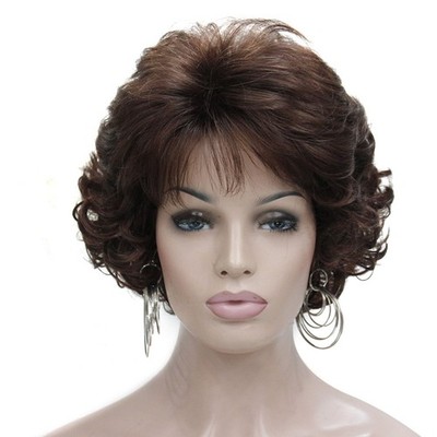 Kalyss 10'' Short Curly Wavy Wig with Hair Bangs 100% 10 Inch, Dark Brown 