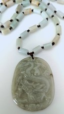 100% NATURAL CARVED UNTREATED ICY-GREEN JADE JADEITE NECKLACE & DRAGON PENDANT
