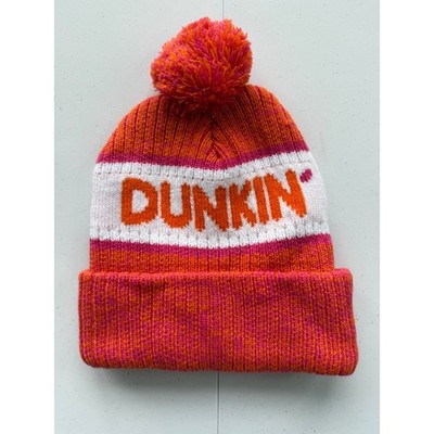 Dunkin' Donuts Pink & Orange Beanie Thick Knit Winter Hat Pom-Pom Coffee