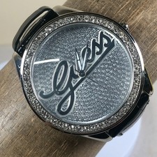 Guess Women U75033L2 Dress Diamonds Black Leather Quartz Analog 45mm Watch 7"